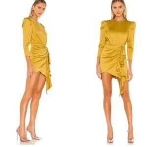 Nbd Pandora Dress in‎ Mustard Yellow Mini Long Sleeve Puff Ruffle Size S Party